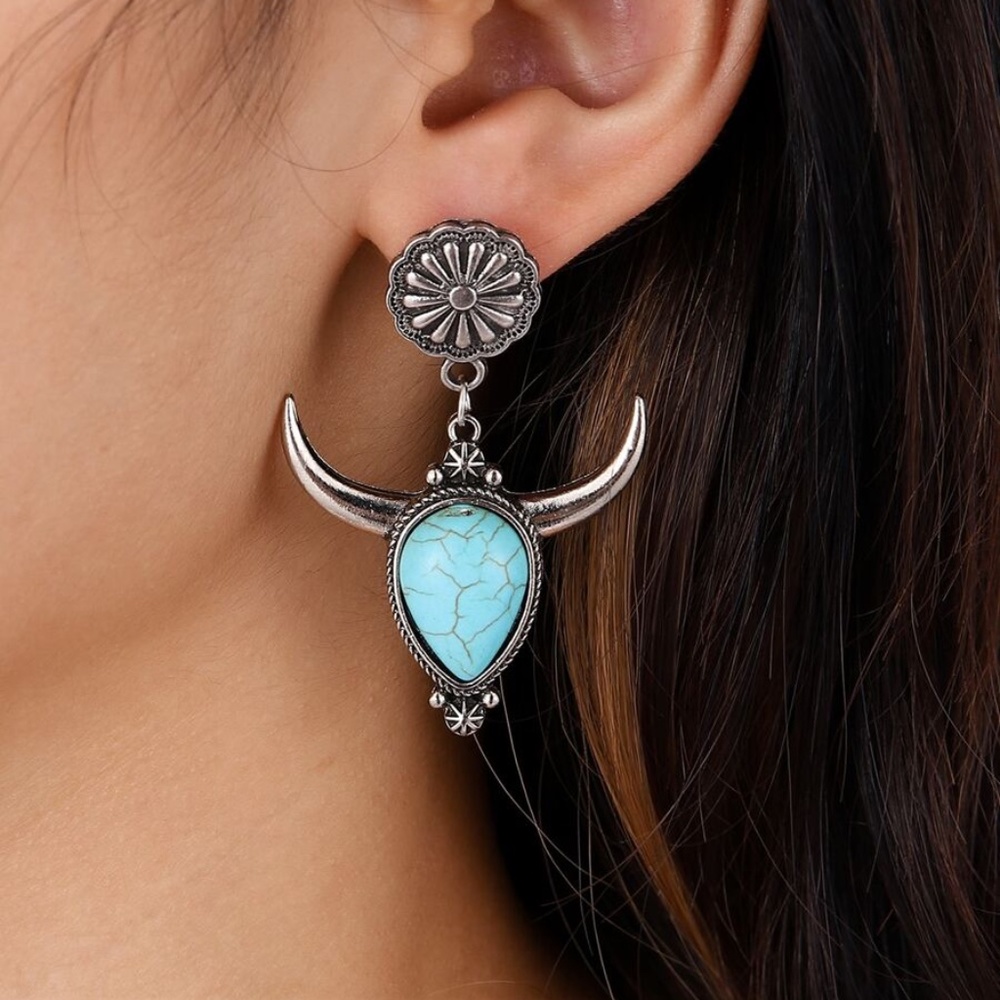 Turquoise Cow Skull Earrings, Boho Earring, Western Earring